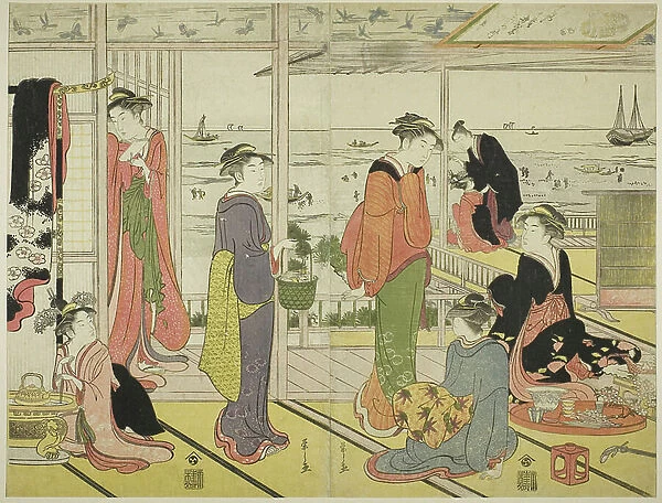 In a Pleasure House in Shinagawa (Shinagawa no rojo) (colour woodblock prints; two sheets from an oban triptych)
