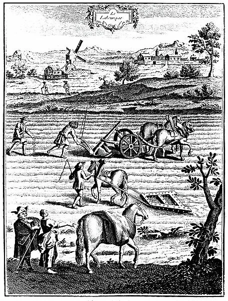 Ploughing and harrowing with horses and sowing seed broadcast. In background is a postmill for grinding corn. From French La Nouvelle Maison Rustique 8th edition Paris 1762. Copperplate engraving