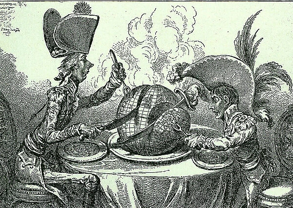 The Plumb-pudding in Danger: or, State Epicures Taking Un Petit Souper. William Pitt, British Minister, and Napoleon I carving up the globe. After a cartoon by James Gilray, 1805