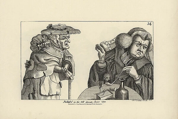 A plump rich vicar with tobacco pipe and liquor ignores the entreaties of a poor old woman. Copperplate engraving by Thomas Sanders after a satirical illustration by Timothy Bobbin (John Collier) (1708-1786) from Human Passions Delineated
