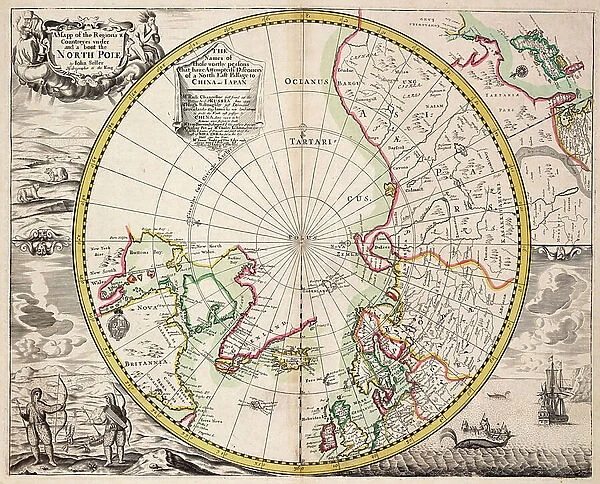 Polar projection map with Arctic Circle, c.1680 (coloured engraving)