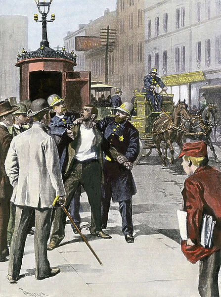 Police arresting a suspect in Chicago, 1890. Colour engraving of the 19th century. Colour engraving by Thulstrup