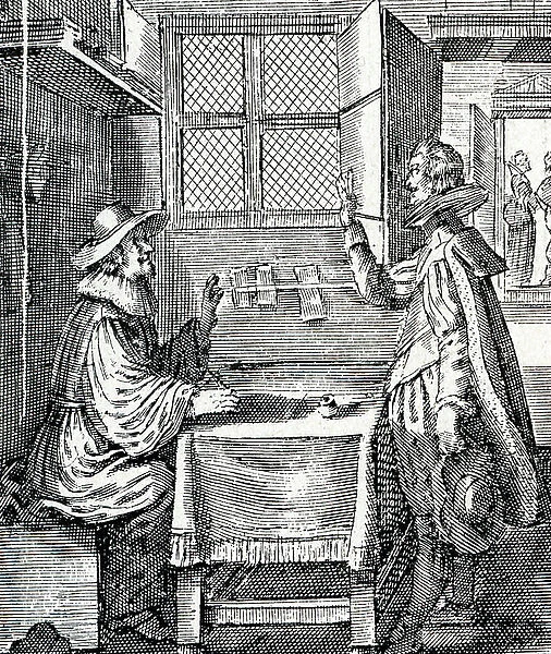 Police and judicial proceedings under Louis XIII, 1620 ca: a gentleman files a claim after he suffered an attack in the street, France. End of the 19th century (engraving from 'Museum-criminal' by Henri Varennes and Edgar Troimaux)