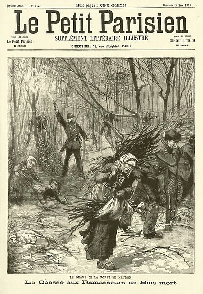 Police pursuing people gathering wood in the Foret de Meudon near Paris (engraving)