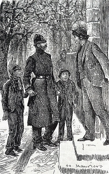 A policeman and passers-by trying to help a lost child, 1850