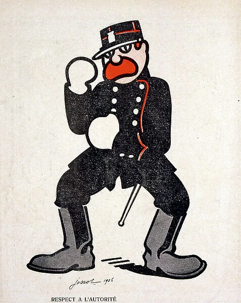 Policeman prepares to fight. 19th century (french illustration)