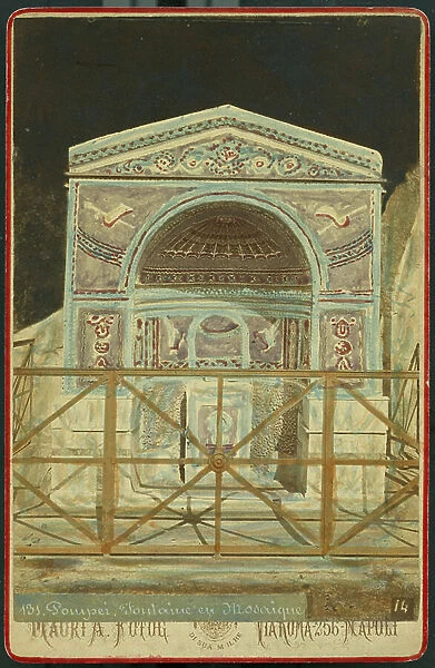 Pompei: Watercolour photo showing a mosaic fountain found in the excavations of Pompei, 1870