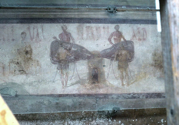 Pompeii, fresco depicting wine being poured from leather skins or men operating bellows, Roman, Italy (photo)
