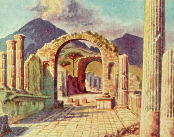 Pompeii, View towards Vesuvius (colour litho)