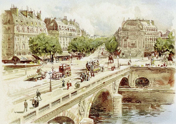Pont Saint Michel (Saint-Michel) on the Seine in Paris, years 1870. Color lithograph of the 19th century