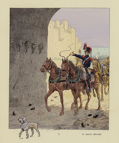 The poodle Mitraille leading French troops into Algiers, 1830 (colour litho)