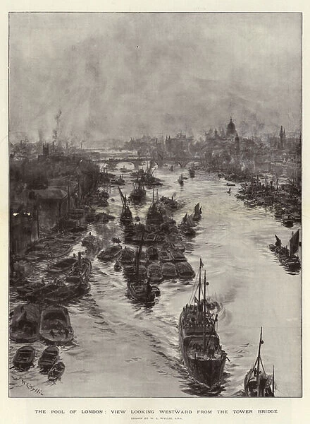 The Pool of London, View looking Westward from the Tower Bridge (litho)