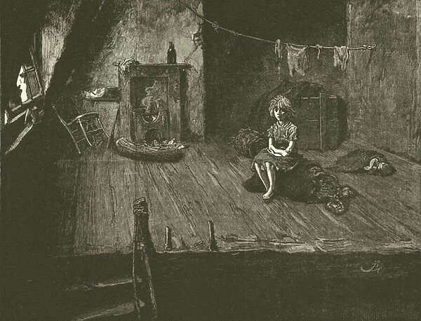Poor children in an attic (engraving)