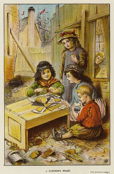 Poor children enjoying a farthing feast (chromolitho)