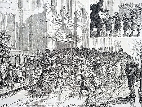 Poor children queueing for free soup. 1879 (engraving)