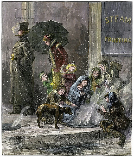 Poor people warm themselves over a sidewalk steam vent in Manhattan, 1870s