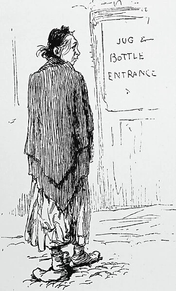 A poor woman heading into the jug and bottle department of a London pub, 1850