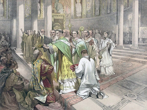 Pope Leo III crowns the King Charlemagne, 800 (engraving)