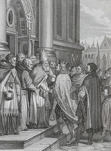 The Pope welcoming Charlemagne to Rome, 774 (engraving)