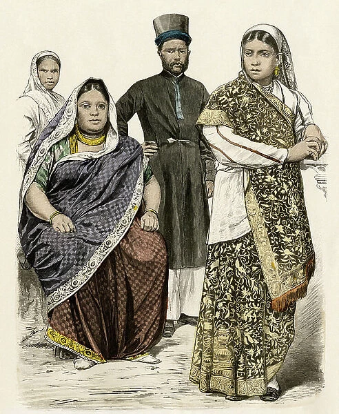 Population and culture of Asia: Parsi woman from Bombay, and man and woman from East India or Singapore in traditional costume, 19th century. 19th century colour engraving