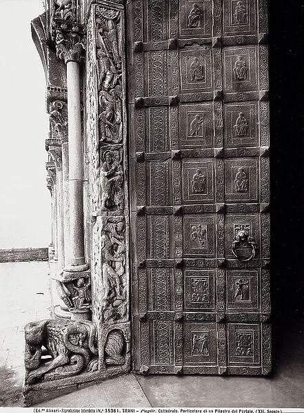 Detail of the portal, and its jamb, of the Cathedral of San Nicola Pellegrino in Trani, Apulia