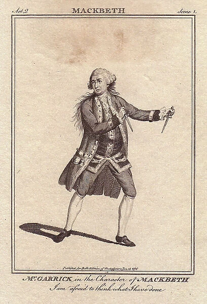 Portrait of actor David Garrick in the role of Macbeth, play by William Shakespeare (1564-1616). It is fashionable 18th century suit, with stockings, panties and wig, holding a dagger in each hand