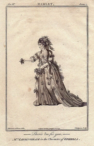 Portrait of actress Jane Lessingham in the role of Ophelia in William Shakespeare's play 'Hamlet' (1564-1616). Drawing by James Roberts, engraving published in ' Bell's Shakespeare', John Bell, 1776, London, England