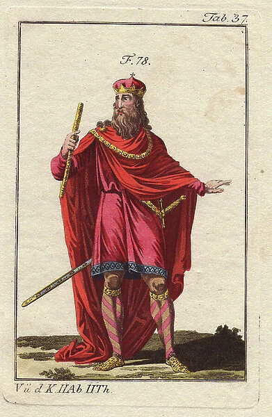 Portrait of Charlemagne or Charles I the Great (742-814), King of the Franks and the Holy Germanic Empire. His ordinary outfit consisted of a shirt, a tunic, panties, ribbons tied to the calves, shoes, a gold and silver belt and a swordsman