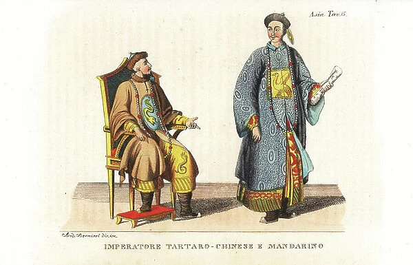 Portrait of the China-Tartar Emperor Qianlong, and a literary mandarin of his court. Handcoloured copperplate engraving by Andrea Bernieri from Giulio Ferrario's Ancient and Modern Costumes of all the Peoples of the World, 1843