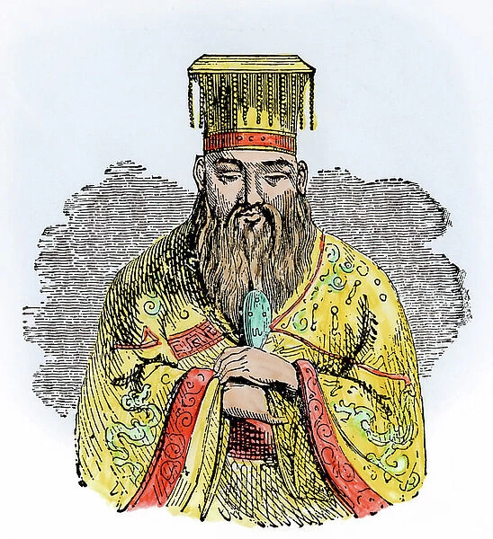Portrait of Confucius (Kong Fu Zi, 551-479 BC) Chinese philosopher. Colouring engraving of the 19th century