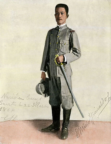 Portrait of Emilio Aguinaldo (1869-1964), in military uniform, politician and first president of the Philippines, circa 1898. (With autograph). Color printing of a 19th century photograph