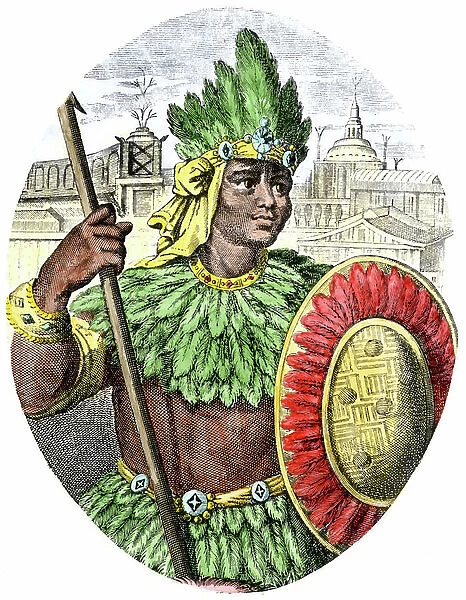 Portrait of Emperor Aztec Moctezuma II (Montezuma or Motecuzoma Xocoyotzin, v.1480-1520). 19th century colour engraving