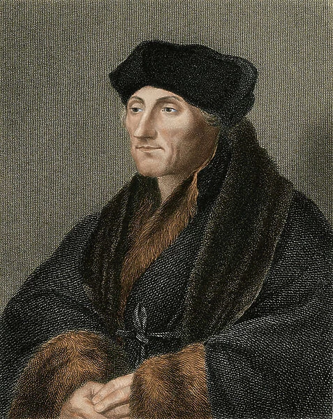 Portrait of Erasmus of Rotterdam (Desiderius Erasmus Roterdamus, 1468-1536), Dutch humanist and theologian. Colour engraving