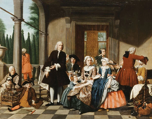 Portrait of a Family dining on a Portico, a formal Garden beyond, 1747 (oil on canvas)