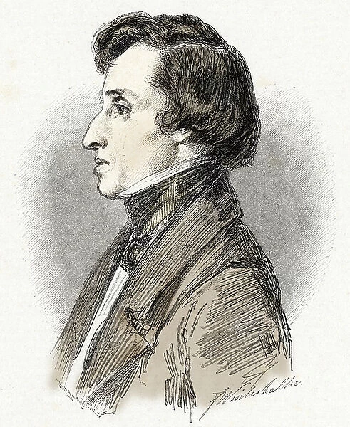 Portrait of Frederic Chopin, Polish composer and pianist (1810-1849) circa 1847. 19th century (engraving)