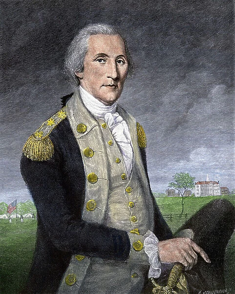 Portrait of General George Washington (1732-1799) at the end of the War of Independence of the United States of America in 1783. Colour engraving of the 19th century