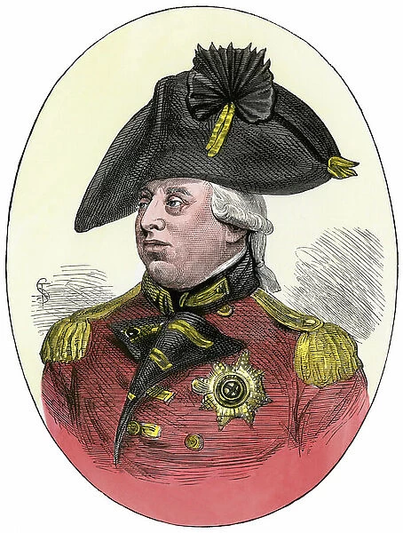 Portrait of George III (1738-1820), King of Great Britain and King of Ireland, in officer's uniform - King George III in British officer's uniform. Hand-colored woodcut of a 19th century illustration