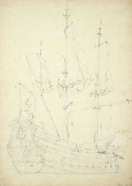 Portrait of the Groeningen'. Built 1641. 48-guns. Chartered by Denmark 1666-1667 and not thereafter mentioned. Also called Stad Groeningen, Wapen van Groeningen and Zwarte Arend, c.1666 (offset, graphite)