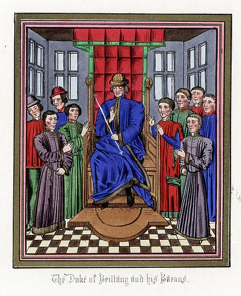 Portrait of John of Brittany known as John IV of Montfort (1294-1345) surrounds his vassal lords - Lithography from the enluminated manuscript of the Chronicles (1322 to 1400) by John (Jehan) Froissart (1337-1404), 1868 - Lord Jean de Montfort