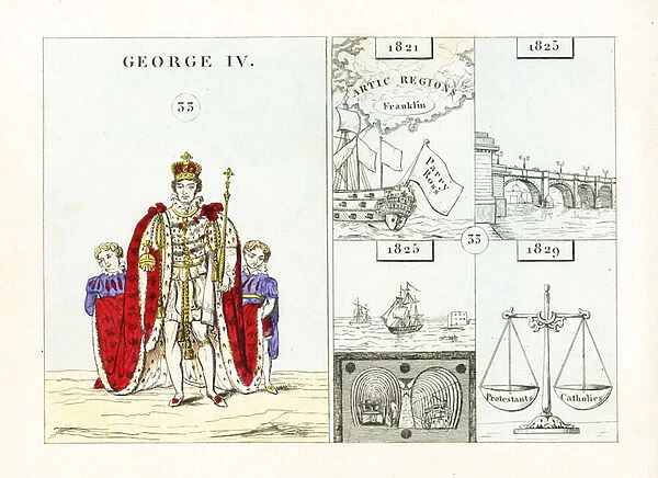 Portrait of King George IV of England, in ceremonial robes, ermine mantle, with crown, orb and sceptre, cape held by two pages
