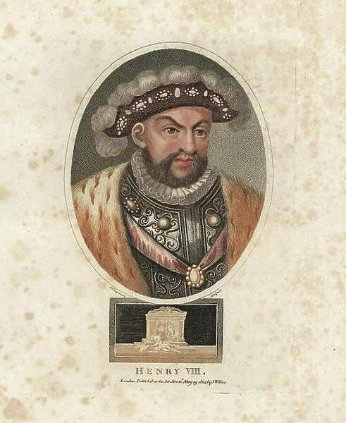 Portrait of King Henry VIII of England, 1491-1547 (Henry VIII of England), in jeweled cap, ruff, breastplate and ermine cloak. Handcoloured copperplate engraving by J. Chapman from John Wilkes Encyclopedia Londinensis, 1804