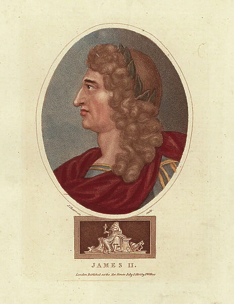 Portrait of King James II (1633-1701), King of England and Scotland (James II King of England) - Handcoloured copperplate engraving by J. Chapman from John Wilkes Encyclopedia Londinensis, 1802