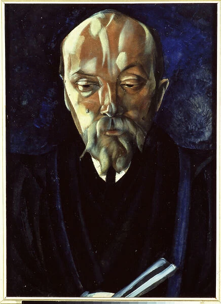 Portrait de l artiste Nicholas (Nicolas) Roerich (1874-1947) (Portrait of the artist N. Roerich). Oeuvre de Boris Dmitryevich Grigoriev (1886-1939), tempera sur carton, 1917, art russe 20e siecle, expressionisme. State Tretyakov Gallery, Moscou