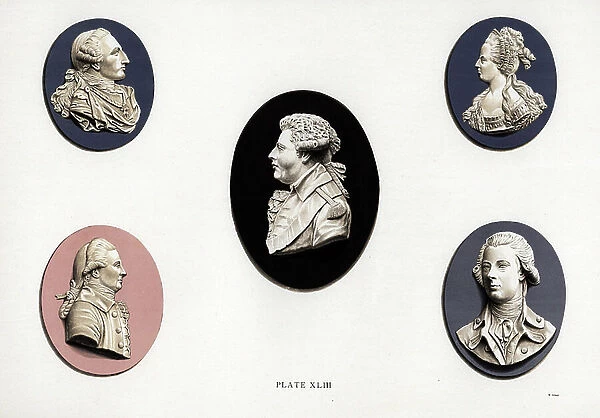 Portrait medallions of King Louis XVI of France (blue), Marie Antoinette (blue), Duke of Bridgewater (black), Edmund Burke (pink) and William Pitt (blue). Chromolithograph by W