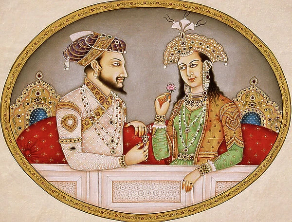 Portrait of Mughal Emperor Shahjahan with Queen Mumtaz Mahal, India
