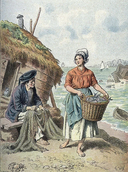 Portrait of a Norman fisherman and his wife, coast near Dieppe, Seine Maritime. Engraving from 'Les peuples de la terre' by ch Delon, 1905 Collection privee
