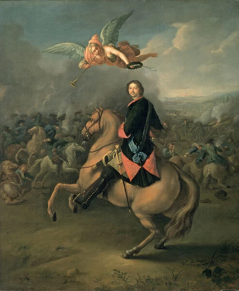 Portrait of Peter the Great against a background of the Battle of Poltava