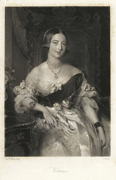 Portrait of Queen Victoria wearing a bracelet with an enamel portrait of Prince Albert. Steel engraving by F. Bacon after a portrait by Sir William Ross from Mary Howitt's Biographical Sketches of The Queens of England, Virtue, London, 1868