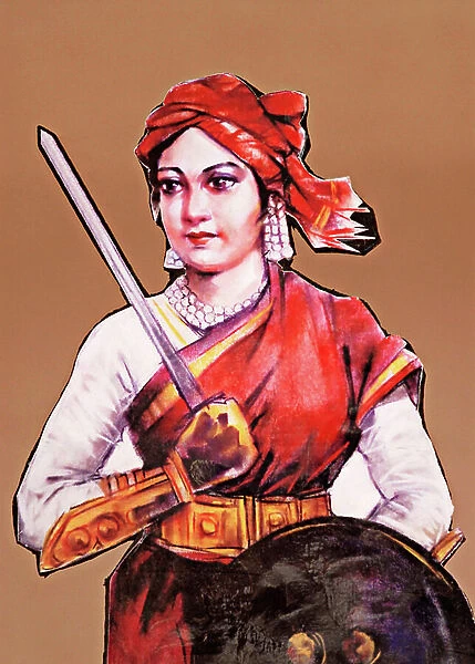 Portrait of Rani Laxmibai Queen of Jhansi great freedom fighter of India's first war of Independence Indian Mutiny 1857-58 (colour litho)