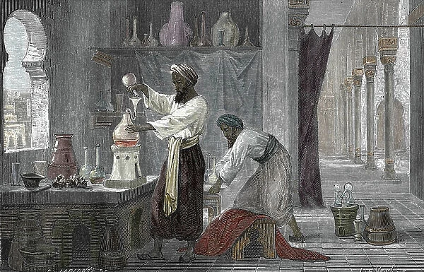 Portrait of Rhases (Rhazes, Razi, Al-Razi, Razis, or Rases) (840-923) Persian scholar in his laboratory in Baghdad, Iraq (Portrait of Razi, polymath, physician, alchemist in his laboratory in Baghdad)